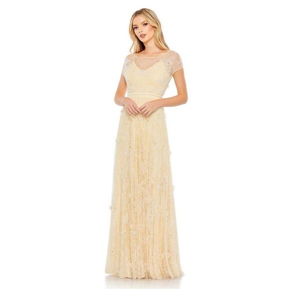 Mac Duggal 70274 Embellished Illusion Cap Sleeve Gown Butter Yellow size 6 NWT - Picture 1 of 10